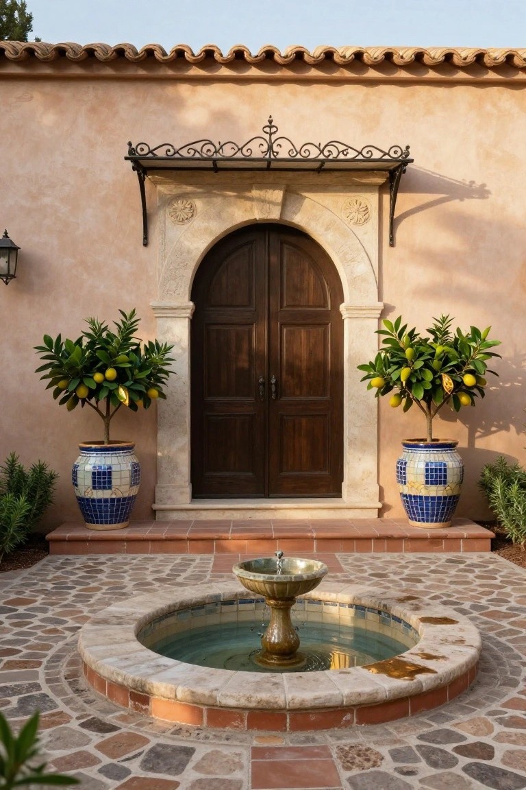 Stucco exterior wall with arched wooden double doors under a wrought iron awning, flanked by potted lemon trees in blue and white tiled pots, and a circular stone fountain on a brick paver patio in front.
