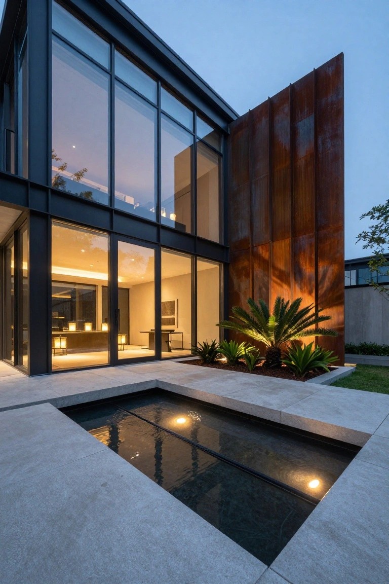 Exterior of a modern house at dusk showing black metal frames around large glass walls and doors, a tall vertical corten steel panel, potted palm plants, and a lit linear black water pool on a light stone terrace.