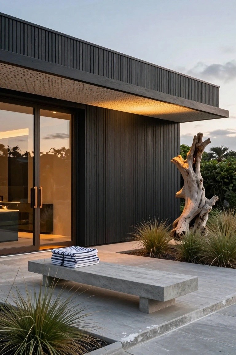 Modern house exterior with black vertical ribbed cladding, large frameless glass sliding doors, illuminated overhang, concrete bench holding striped towels, tall driftwood sculpture, grasses, and paved patio area at dusk.