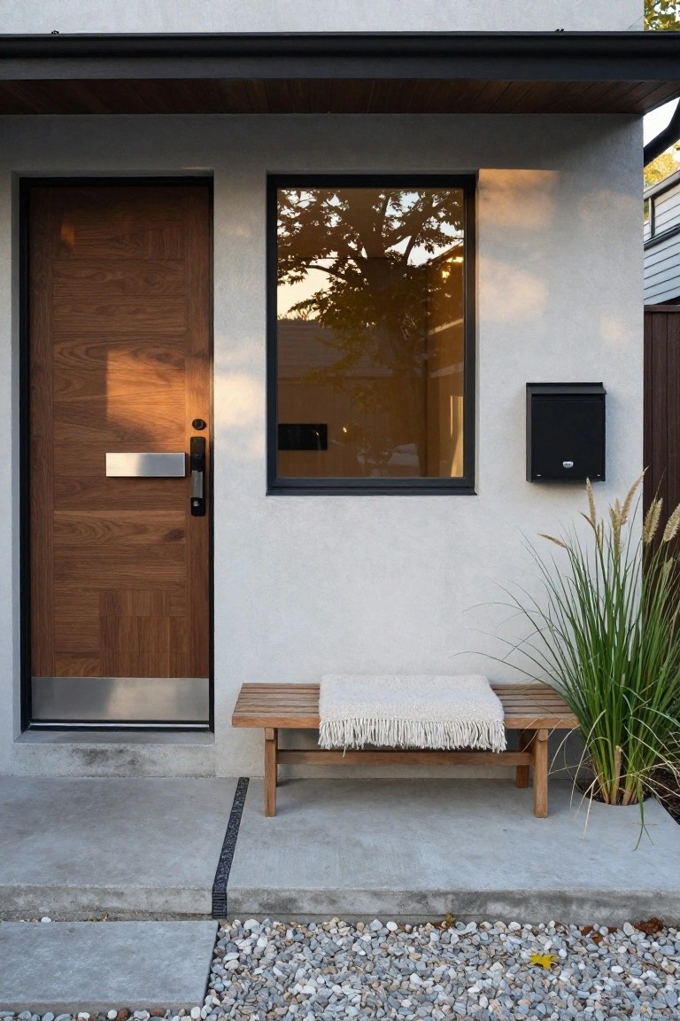 Modern house entrance with wooden door, window, bench, and plants.