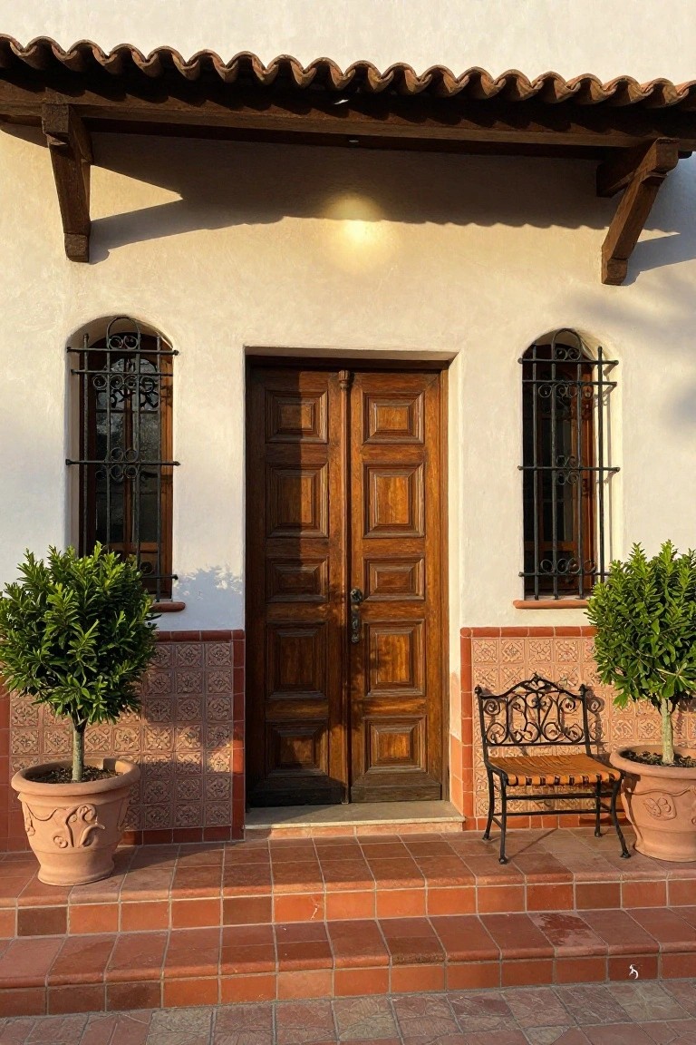 White stucco house facade with wooden double doors, arched windows featuring wrought iron grilles, symmetrical terracotta pots holding topiary plants on either side of the entrance, a wrought iron bench, and red tile steps.