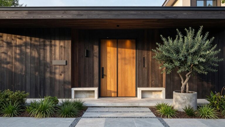 Modern house entrance with dark vertical wood door under horizontal timber beam overhang on light stucco wall, potted olive tree in concrete planter to the left, stone paver path with gravel and low plants.