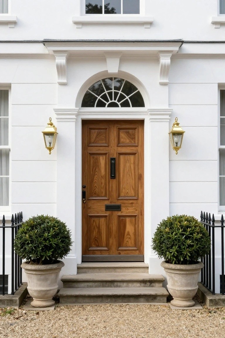 White stucco house facade with centered dark wooden paneled door under arched fanlight, flanked by gold lanterns and matching terracotta pots of round boxwood topiaries on gravel path with black iron railings.