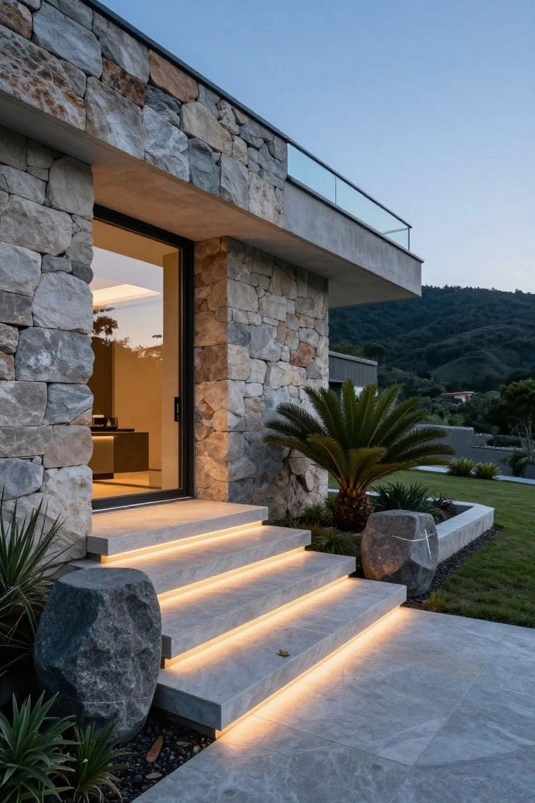 Modern house entrance with rough stone walls, open glass door, wide gray steps lit by under-edge LEDs, large boulders and plants nearby, and wooded hills in the background at twilight.