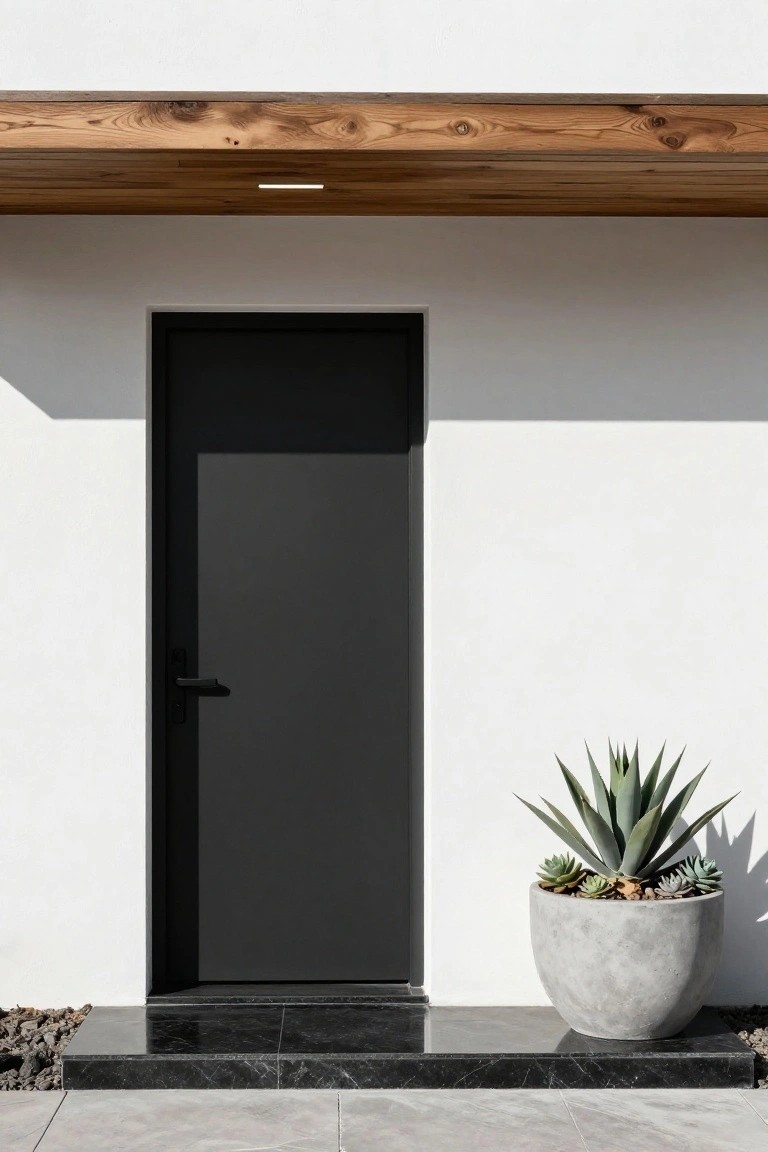 Black front door set into a white stucco wall under a wooden beam overhang, with a large potted agave plant in a gray concrete pot beside it on a black marble step and tiled landing.