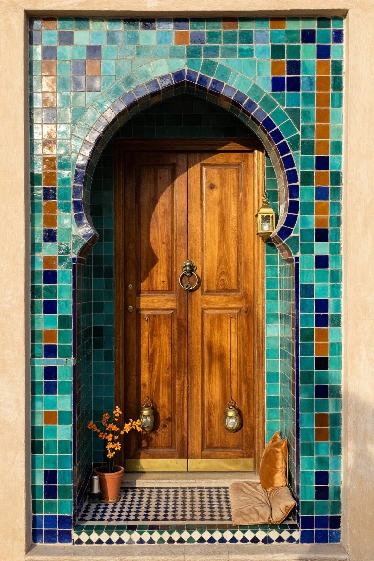 Wooden double doors within a turquoise, blue, and orange mosaic tiled archway, with brass lanterns, orange flower pots, and a checkered tile entry step.