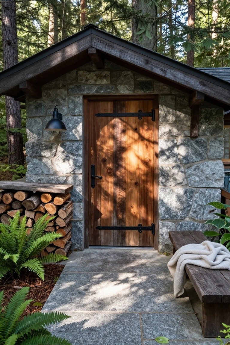 Stone-walled cabin structure with wooden door, black wall lantern, integrated firewood stack, wooden bench with blanket, ferns, and surrounding evergreen forest.