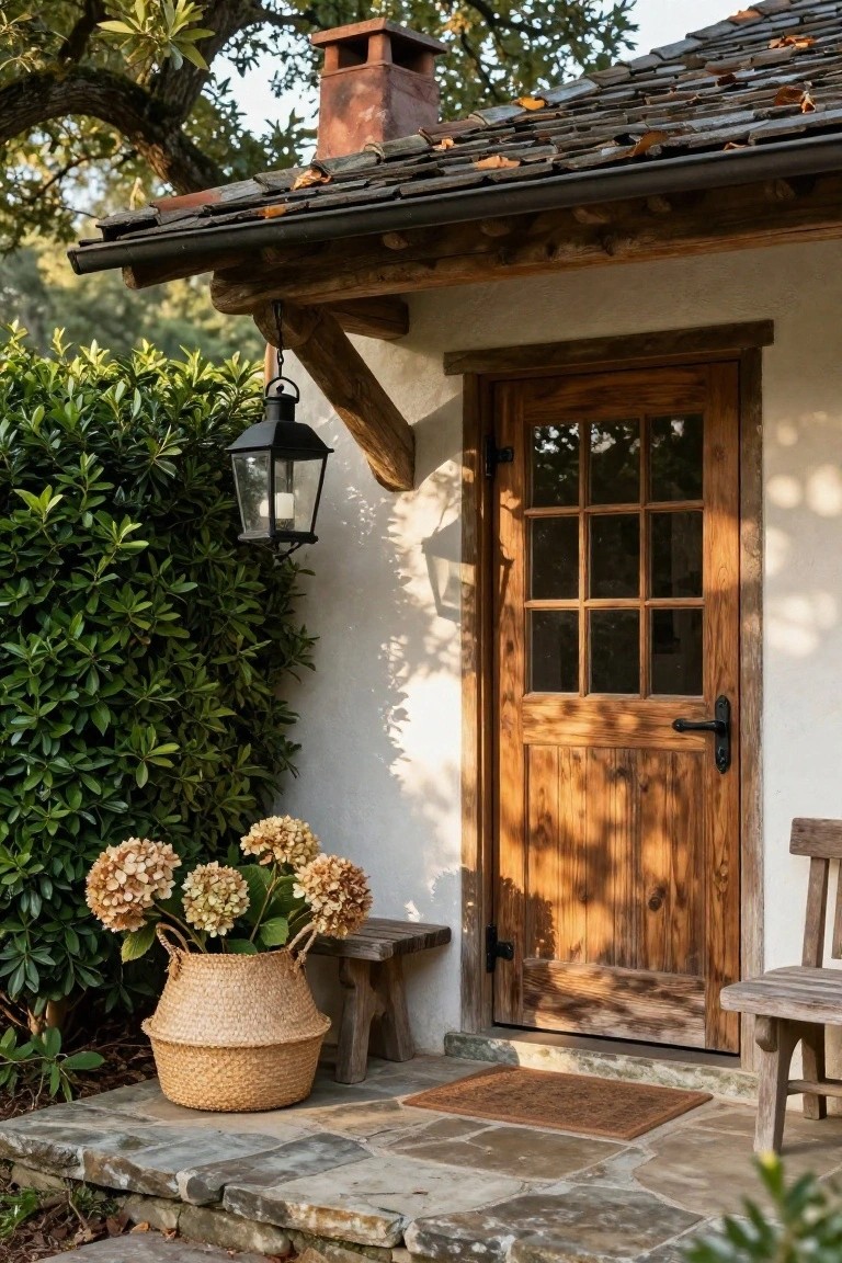 Close view of a wooden front door with nine glass panes and black hardware on a beige stucco wall under a roof overhang, with a hanging lantern, potted hydrangeas, wooden bench, shrubs, and stone steps.