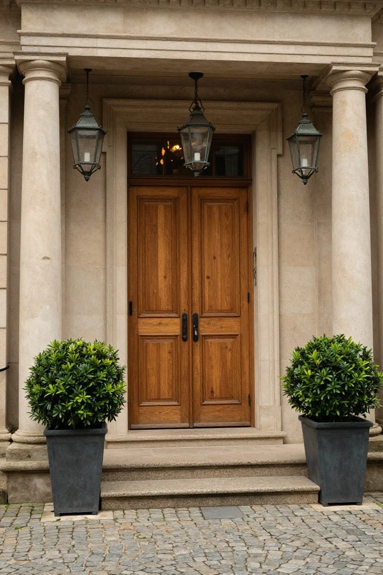Beige stone house entrance with paired columns supporting a pediment above a wooden double door, flanked by hanging lanterns and large black pots of green boxwood shrubs on stone steps with cobblestone ground.