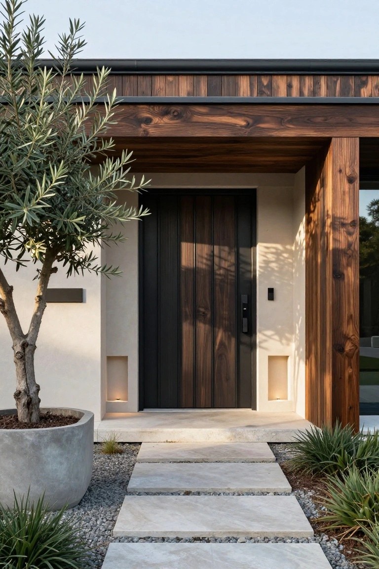 Modern house entrance with dark vertical wood door under horizontal timber beam overhang on light stucco wall, potted olive tree in concrete planter to the left, stone paver path with gravel and low plants.