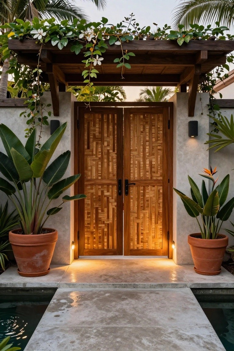 Wooden double doors with vertical bamboo slats flanked by large potted plants in terracotta pots, under a wooden pergola with climbing vines and white flowers, set against stucco walls with black wall lights and a stone pathway leading to a pool.