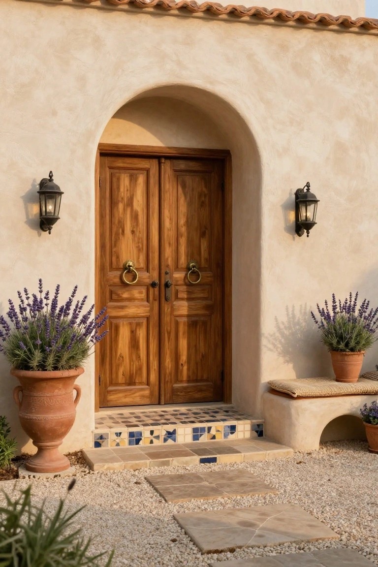 Beige adobe-style house entrance with double paneled wooden doors under an arch, brass knockers, wall-mounted lanterns, lavender plants in terracotta pots, colorful tiled steps, built-in bench, and gravel path.