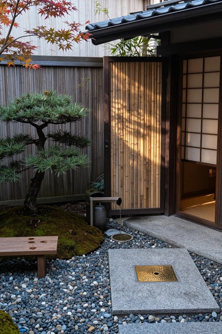 Japanese-style garden entrance with bonsai pine tree on moss mound, wooden bench, pebble gravel ground, stone water feature, bamboo screen door, and open shoji sliding panels to interior.