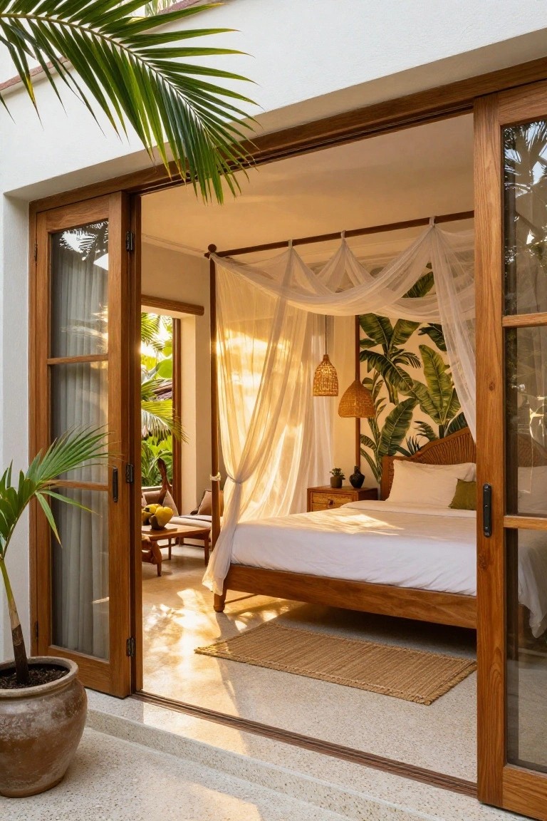Wooden sliding doors opened wide from a bedroom with white walls, canopy-draped wooden bed, banana leaf wallpaper, potted plants, and view to tropical garden and palms.