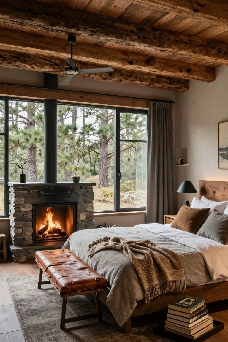 Bedroom interior with exposed wooden beam ceiling, lit stone fireplace next to large windows showing pine trees, neutral bed with pillows and throw, leather bench, and side table with books.
