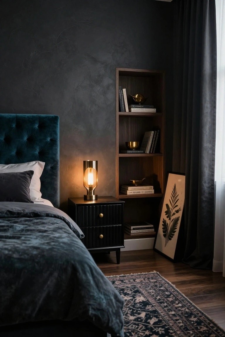 Bedroom interior with dark textured charcoal walls, teal velvet tufted headboard, black wood nightstand topped with brass lamp, adjacent wooden bookshelf with books and decor, leaning framed leaf print, and dark patterned rug on wood floor.