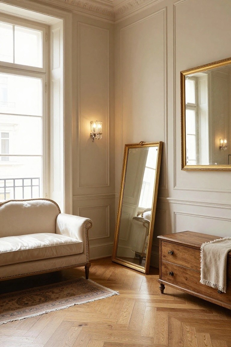Corner of a light beige room with paneled walls, a cream tufted chaise lounge near a large window, a tall leaning gold-framed mirror, a wooden chest with throw on top, wall sconces, another framed mirror, and herringbone parquet flooring.