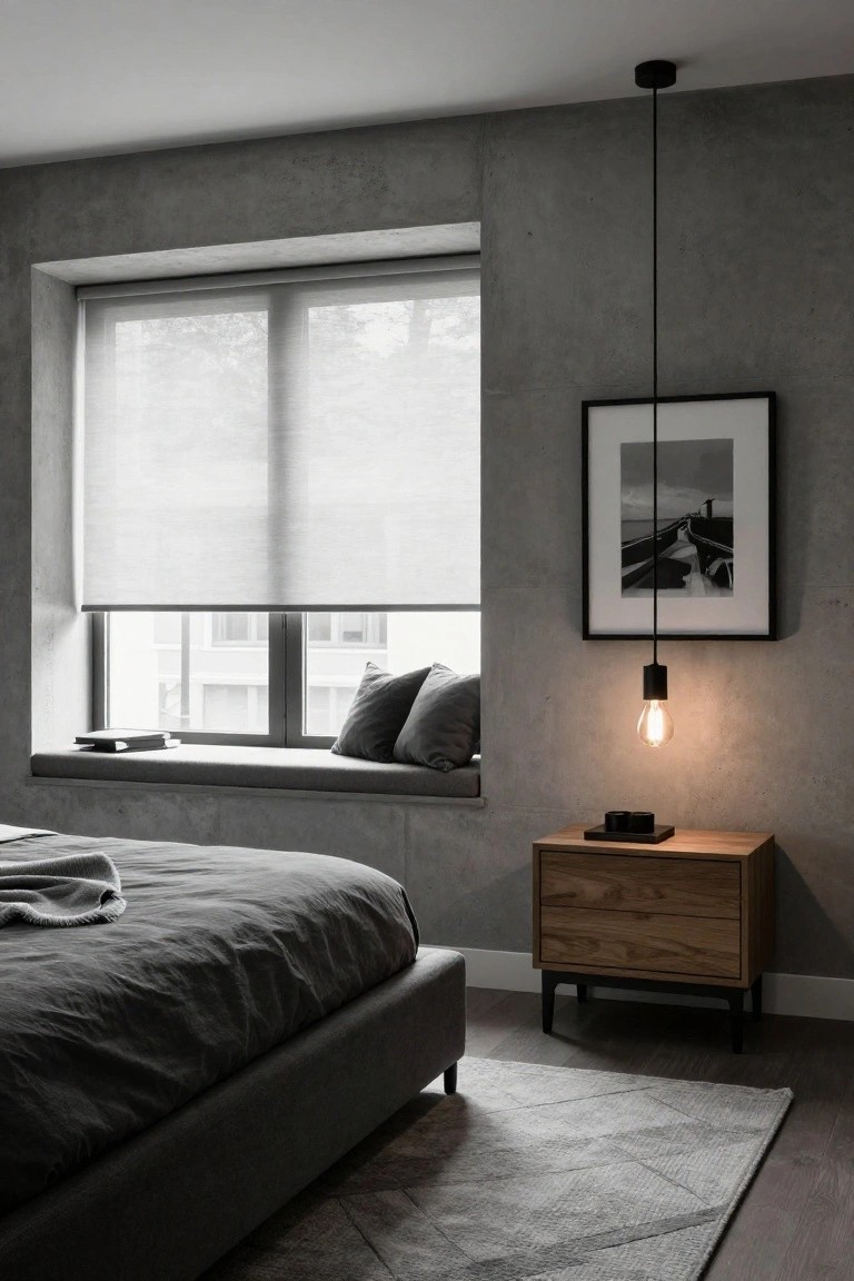Modern bedroom with textured gray concrete walls, low platform bed with gray linens, wooden nightstand and pendant lamp, window seat with gray cushions and sheer blinds, black-framed photo, and gray rug on wood floor.