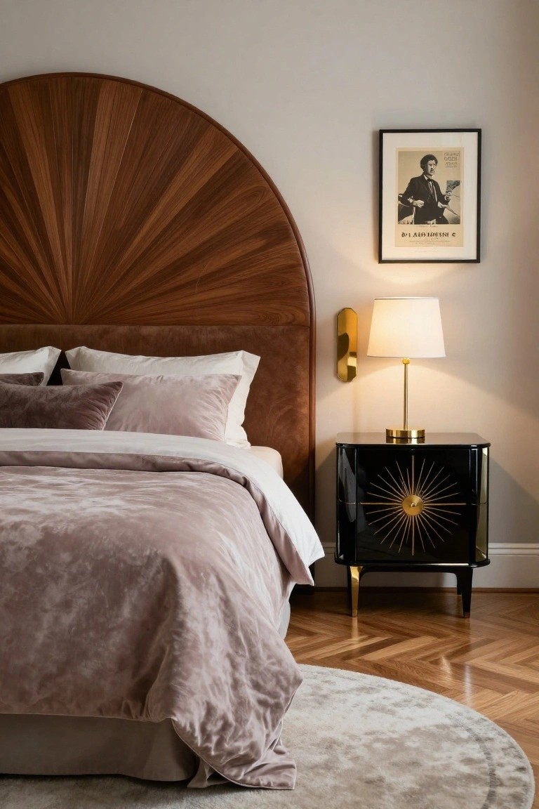 Bedroom with large semi-circular fan-patterned wooden headboard, plush mauve velvet bedcovers and pillows, black lacquered nightstand featuring gold sunburst design and brass table lamp, wall sconce, framed poster, and herringbone parquet floor.