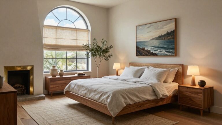 Bedroom corner with low wooden platform bed and rattan headboard dressed in white linen bedding and pillows, wooden nightstand with lamp, matching dresser topped with ceramic pots and olive tree plant, beach landscape painting on wall, beside window with bamboo shade overlooking trees.