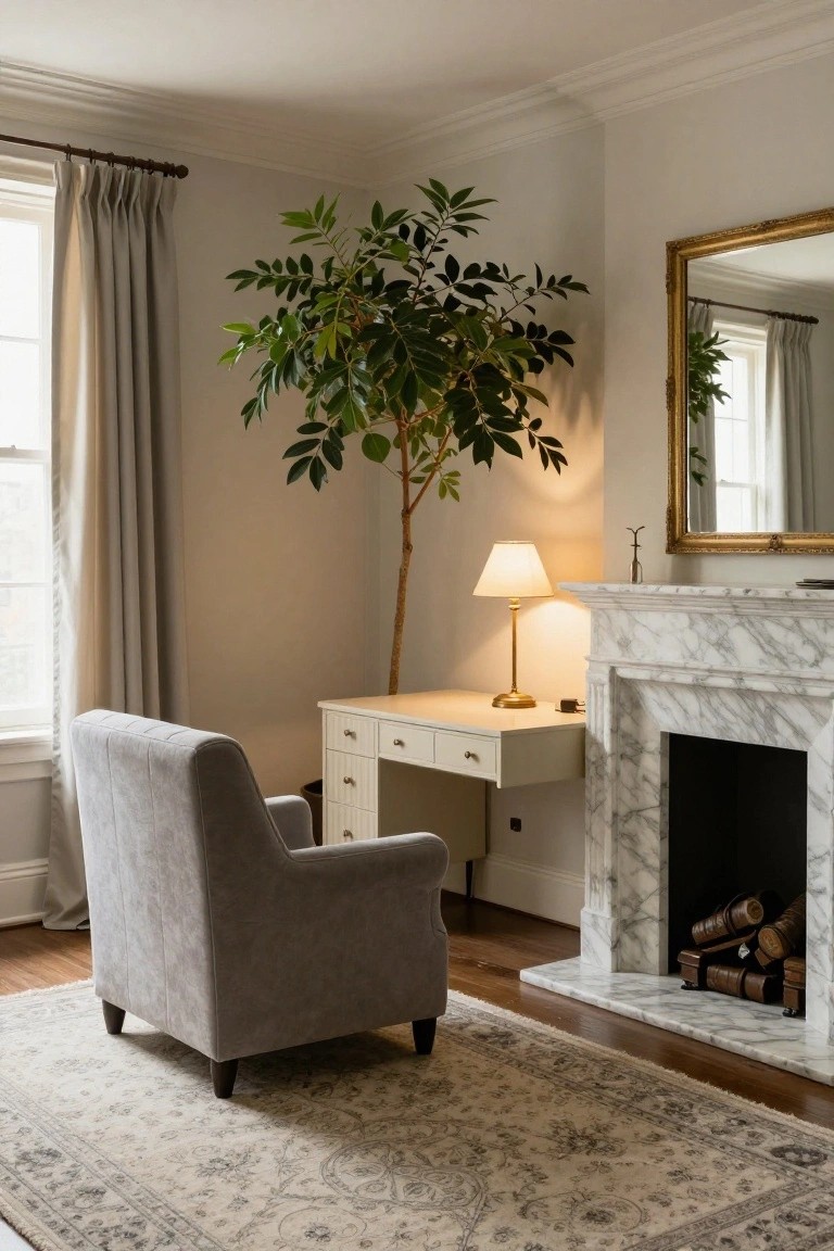 Interior room corner showing a gray upholstered armchair, white desk with brass lamp, tall potted tree, gold-framed mirror, and marble fireplace on hardwood floor with beige Persian rug.