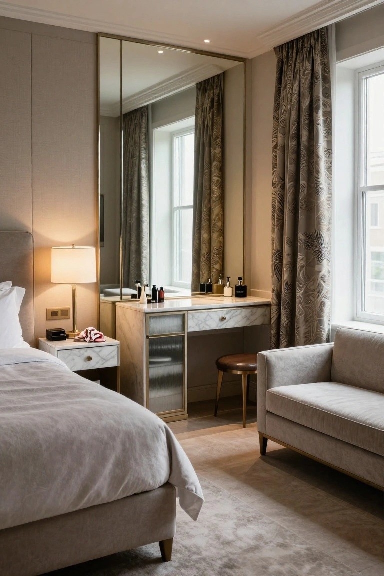 Luxury bedroom interior with tall mirrored wardrobe featuring integrated marble vanity and brass stool, upholstered bed with white pillows, nightstand lamp, gray armchair, and window with patterned drapes.