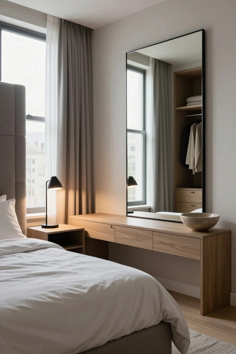Modern bedroom interior with gray upholstered platform bed, light oak nightstand and low-profile dresser under a tall black-framed mirror, adjacent open wardrobe with clothes and linens, white bedding, sheer gray curtains on large windows, and light oak flooring.