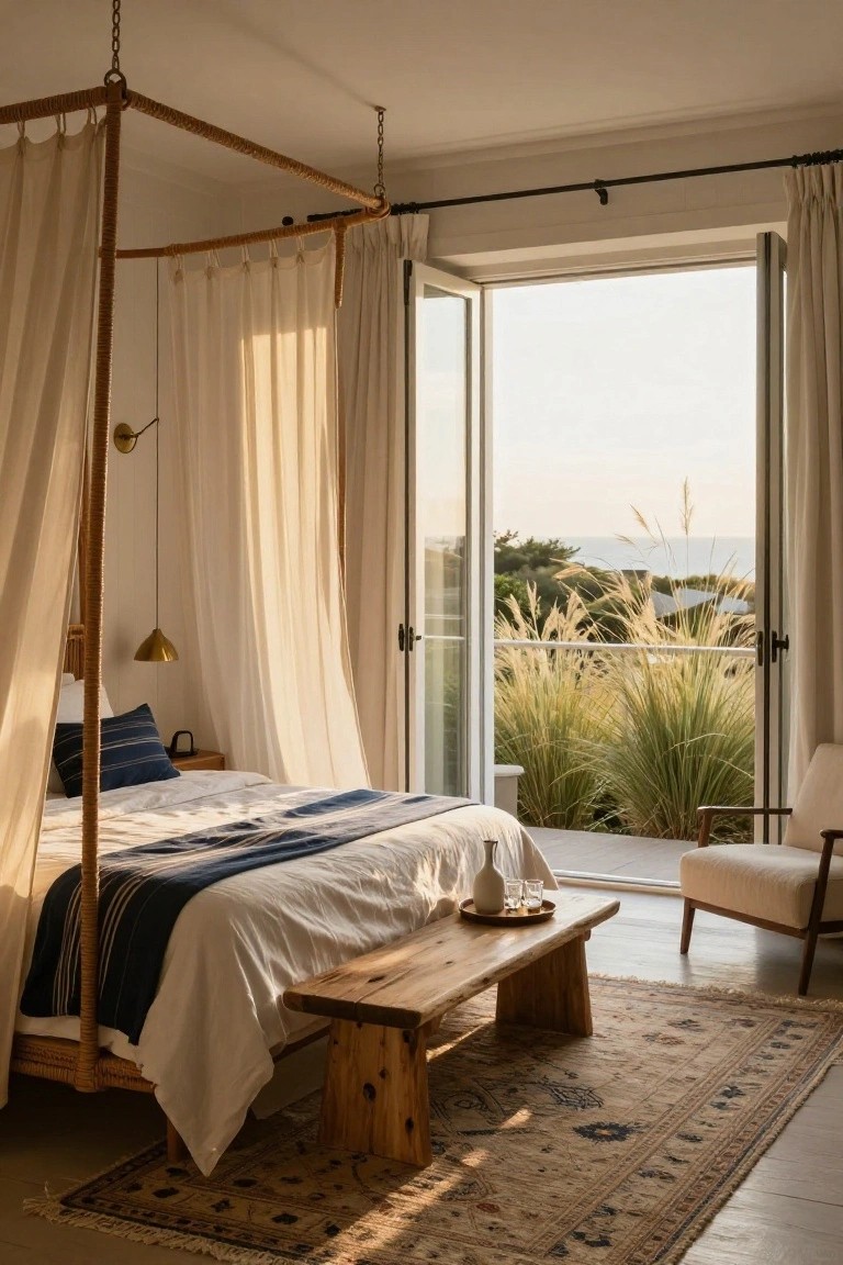 A bedroom with a rattan four-poster canopy bed draped in white fabric, neutral bedding, wooden bench at the foot, side table, and open glass doors to a balcony overlooking pampas grass and distant ocean.