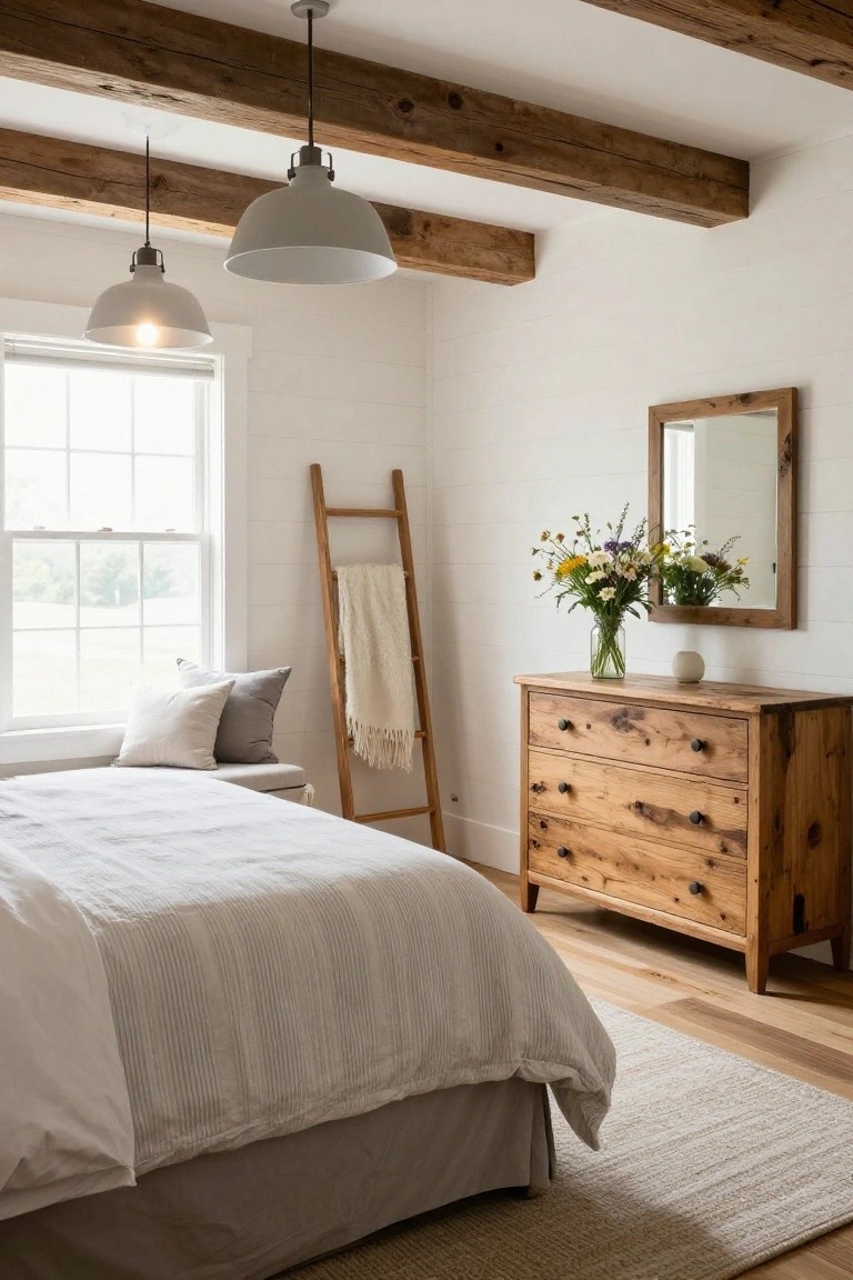 Bedroom interior featuring exposed dark wooden beams on a white ceiling, two pendant lights, a wooden ladder with draped white blanket, wooden dresser holding a vase of wildflowers, large window, white bed with gray pillows and beige rug on light wood floors.