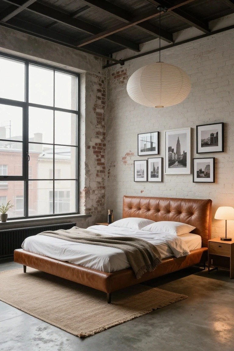 A bedroom in an industrial loft with exposed brick walls, large metal-framed windows, a tan tufted leather platform bed with white bedding and gray throw, black and white framed photos on the wall, a white paper lantern ceiling light, a bedside table with lamp, potted plant, and beige seagrass rug on a concrete floor.