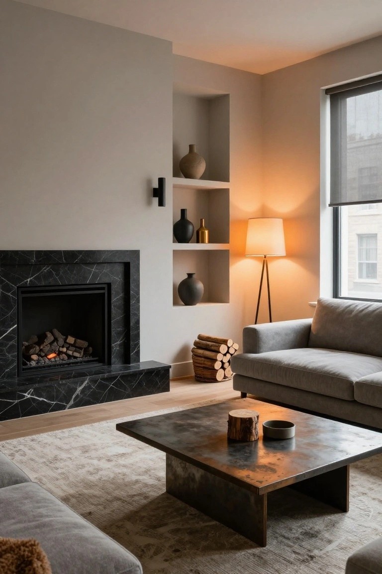 Modern living room with black marble fireplace surround containing burning logs, built-in shelves holding ceramics and bottles, gray L-shaped sofa, metal coffee table, tripod floor lamp, and window with blinds.