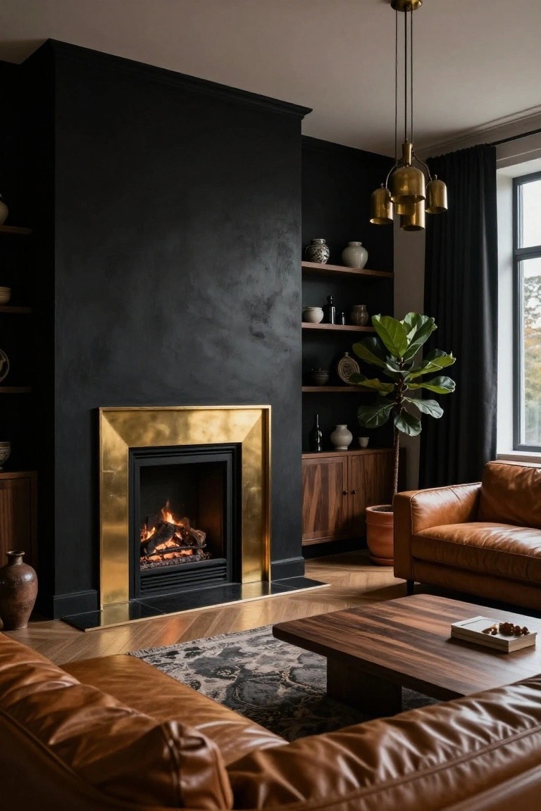 Living room with matte black accent wall behind gold-framed gas fireplace, wooden built-in cabinets, tan leather sofas, coffee table, rug, potted plant, and pendant light.
