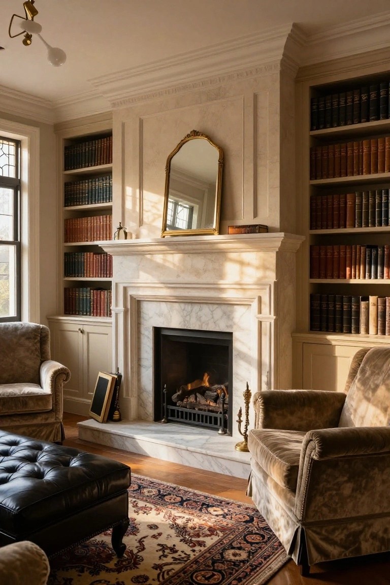 Living room interior with white marble fireplace centered between tall wooden bookshelves filled with books, two beige upholstered armchairs, black leather ottoman, and Persian rug on wood floors.