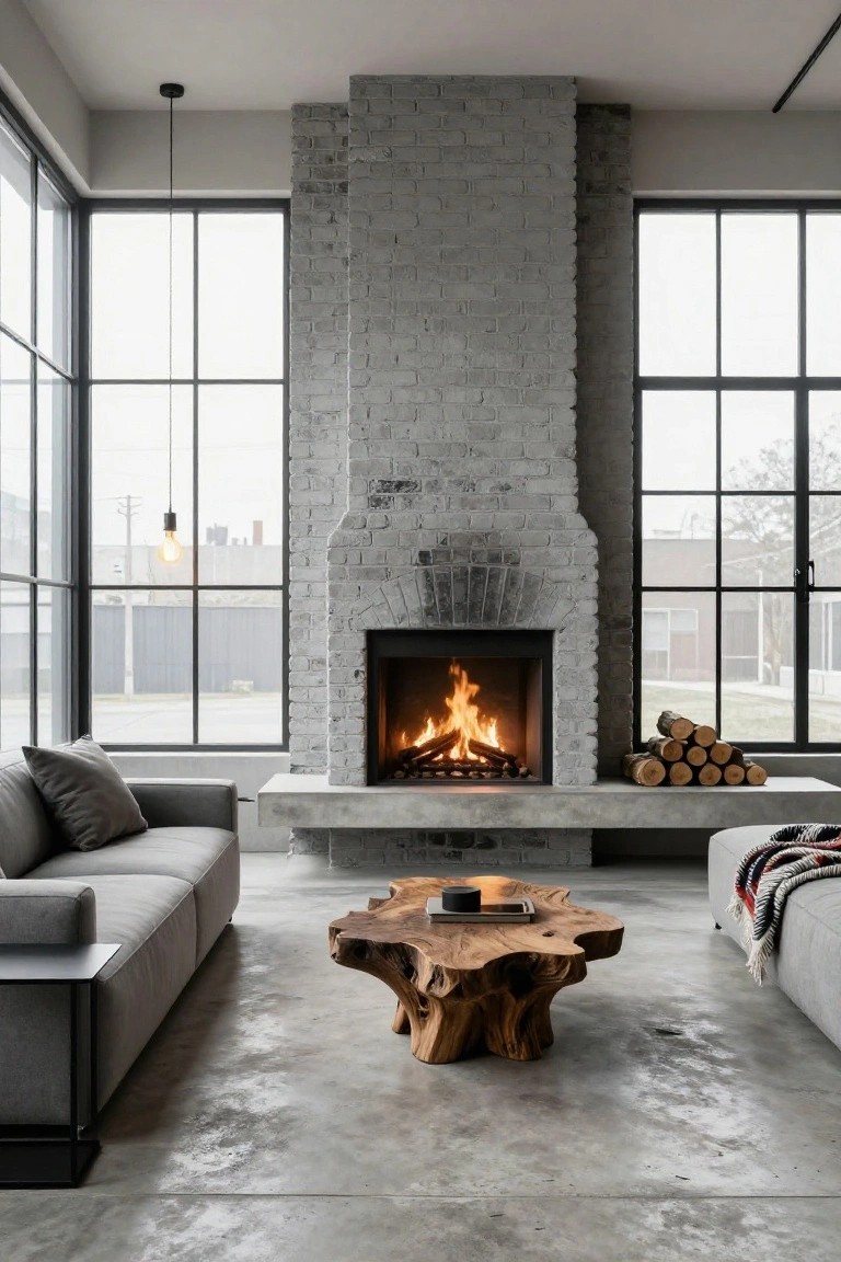 Living room interior with tall white brick fireplace and burning gas fire, extended concrete hearth bench, gray L-shaped sofa, live-edge wood coffee table, black metal side table, stacked firewood, and large steel-framed windows on polished concrete floor.