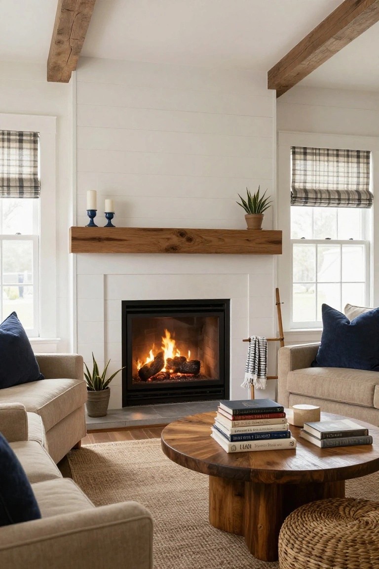 Living room interior with white shiplap walls, wooden beam ceiling, thick oak mantel shelf over black gas fireplace, beige upholstered sofas, round wood coffee table, potted plants, and plaid window shades.