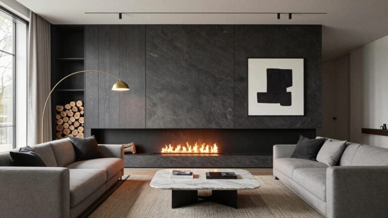 Modern living room with a linear gas fireplace embedded in a tall black marble wall flanked by oak wood cabinetry and firewood storage niches, gray L-shaped sofas, white marble oval coffee table, gold arc floor lamp, and sheer curtains over a window.