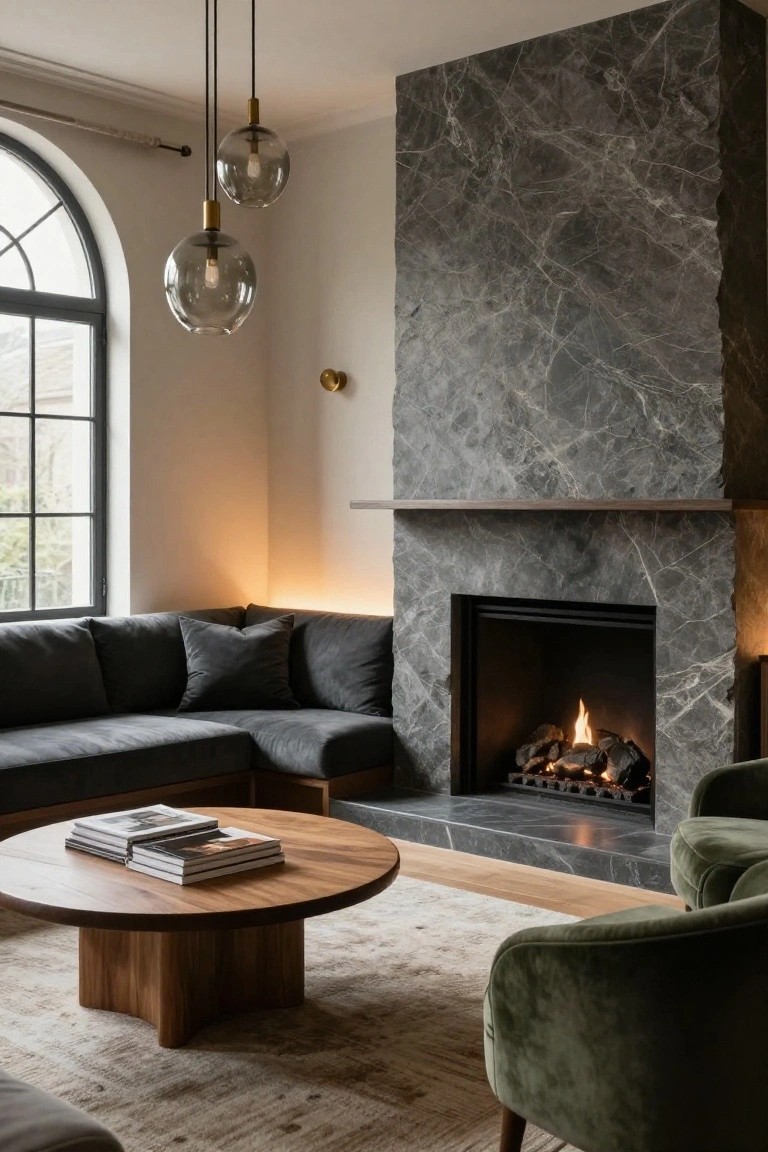 Modern living room with tall dark gray veined marble wall and fireplace, gray L-shaped sofa, wooden coffee table stacked with books, green upholstered chairs, beige rug, and arched window.