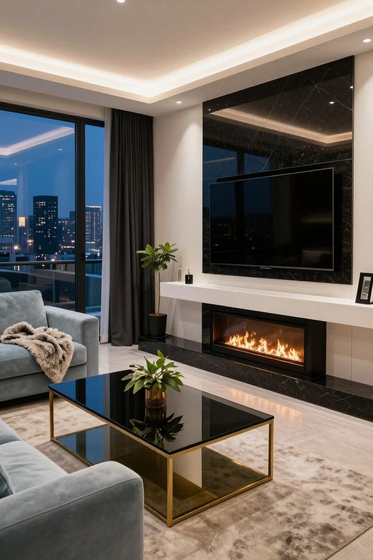 Modern living room with linear gas fireplace in black marble wall under mounted TV, blue sofas, plants, coffee table, and city skyline view through large windows at dusk.
