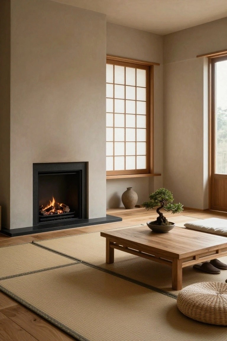 Minimalist living room with recessed black gas fireplace in beige wall, shoji window, bonsai tree, low wooden table, tatami mats, and floor cushions.