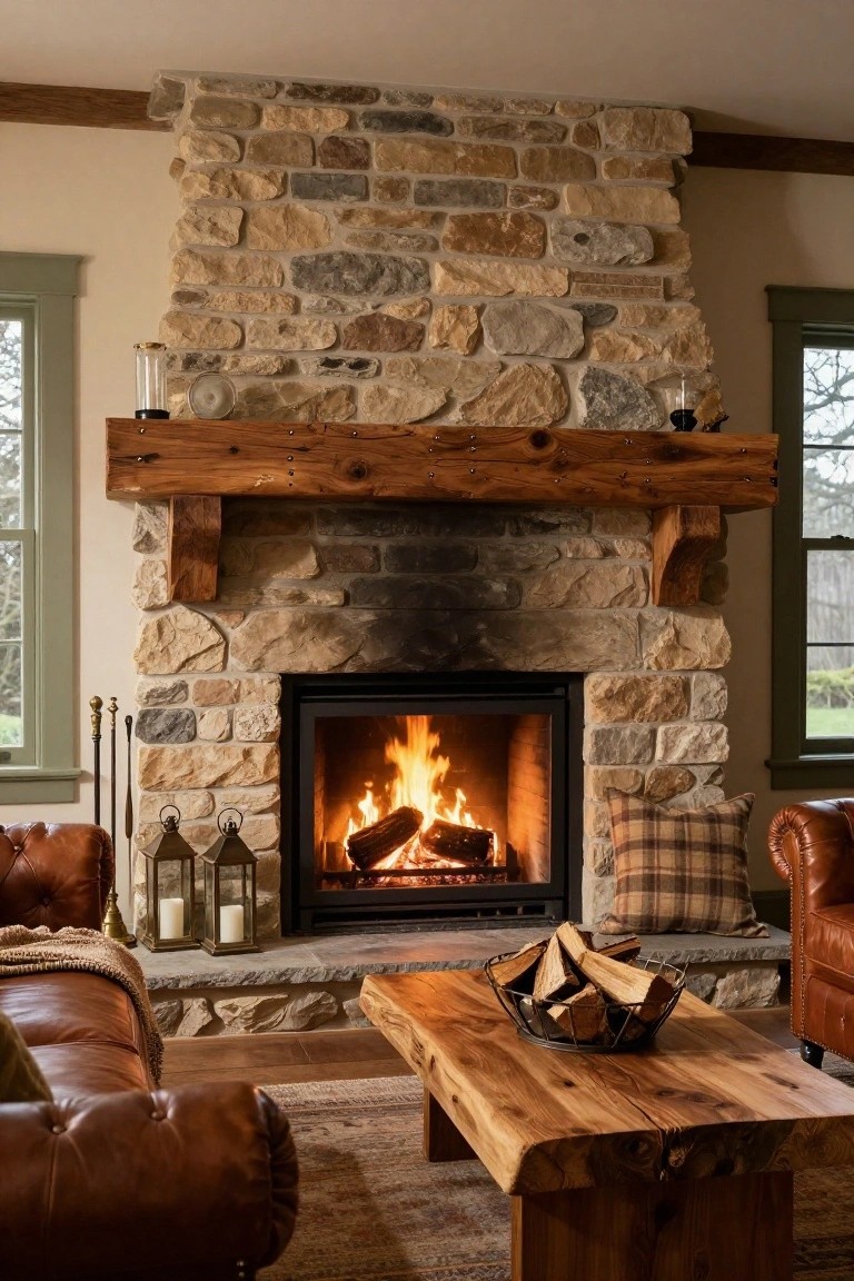 A cozy living room with a tall fireplace made of irregular natural stones, a thick wooden beam mantel, burning logs inside, leather armchairs, lanterns, and a live-edge wooden coffee table on a wood floor.