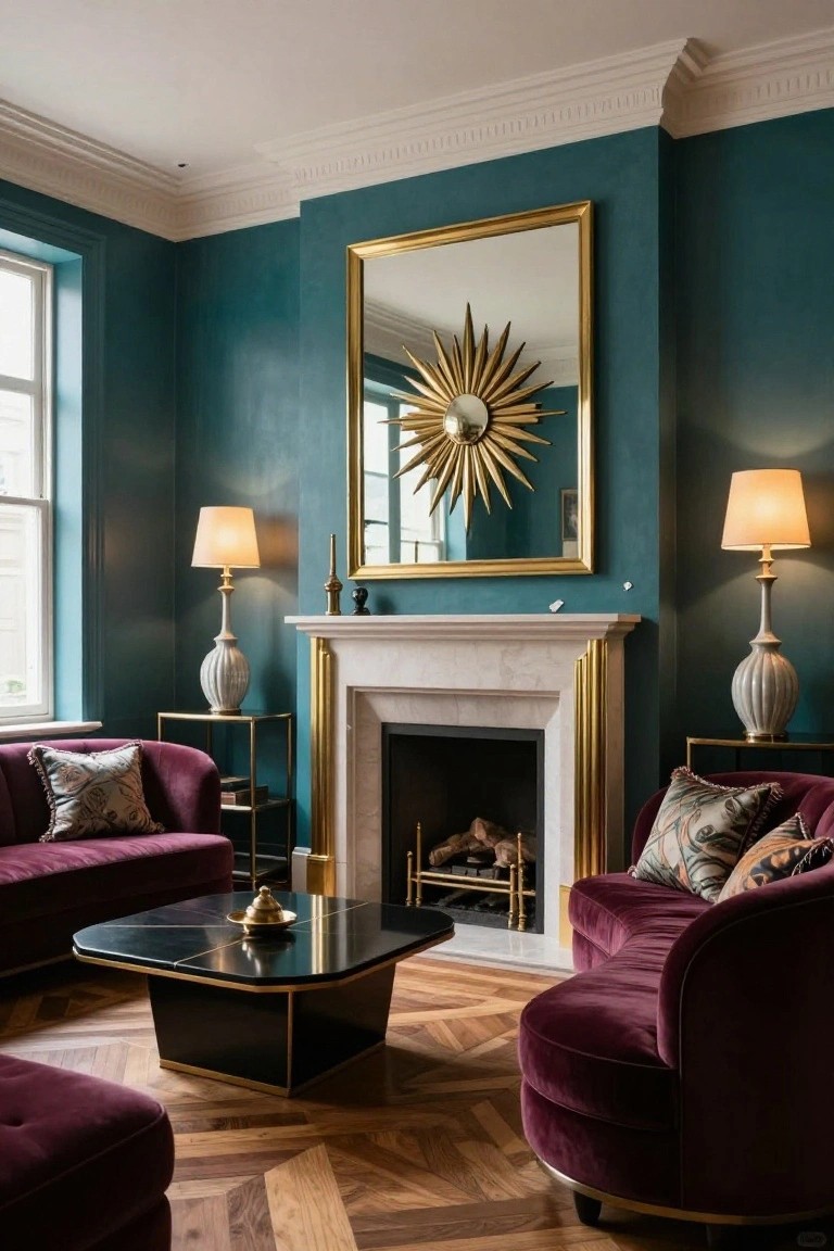 Living room featuring teal walls, a white marble fireplace with gold fluted columns, oversized gold sunburst mirror above the mantel, purple velvet sofas, black coffee table, and parquet wood floor.