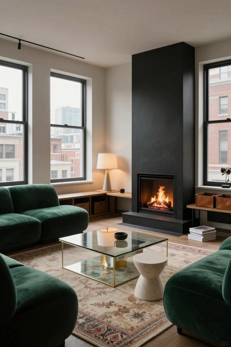 Modern living room with tall matte black fireplace wall, green velvet sofas, glass coffee table with brass base, built-in wooden shelving, and large windows showing city views.