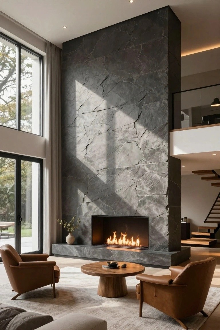 Modern living room featuring a tall textured gray stone wall with a linear gas fireplace at the base, brown leather armchairs, wooden coffee table, large windows overlooking trees, and a mezzanine overlook.