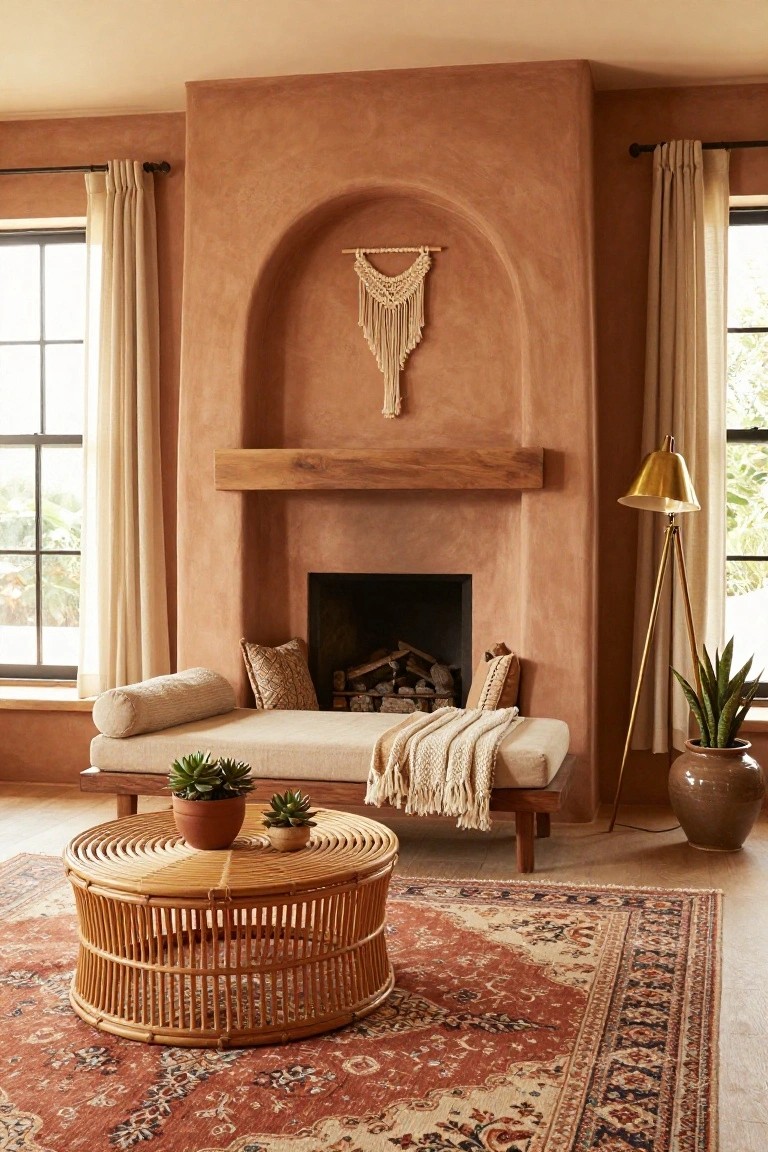 Living room with terracotta arched fireplace recess, wooden mantel, macrame wall hanging, beige daybed, rattan table, plants, gold floor lamp, and red patterned rug.