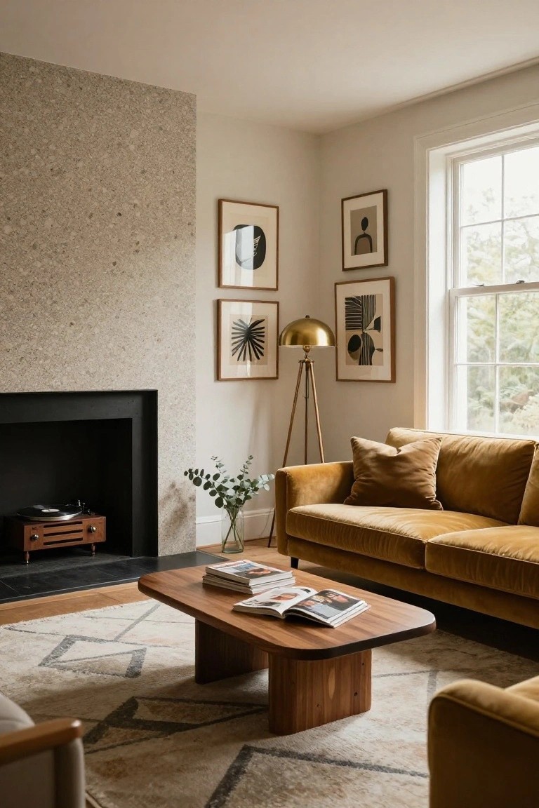 Living room with a black steel fireplace built into a beige textured plaster wall, mustard yellow velvet sofa, wooden coffee table with magazines, abstract framed art, gold tripod lamp, eucalyptus vase, and large window.