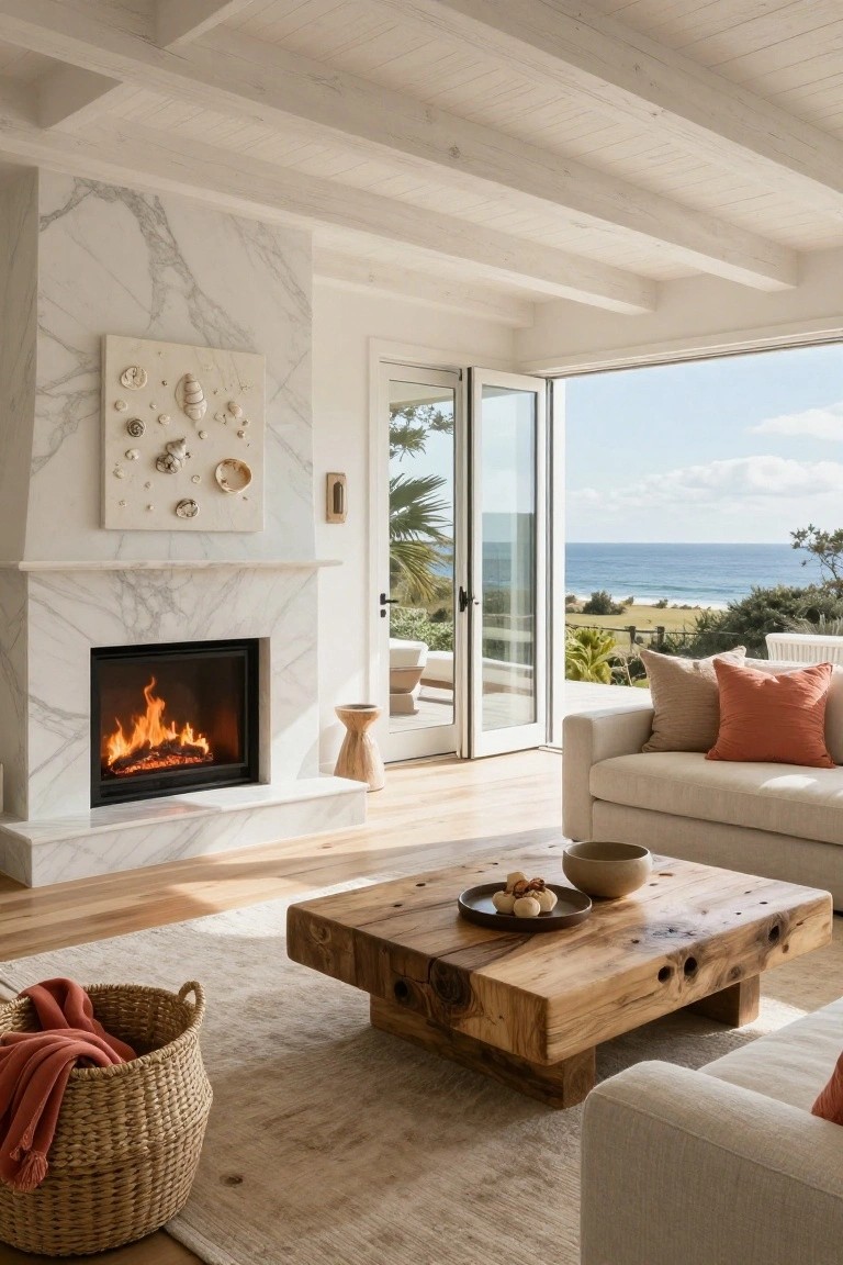A bright living room with a white marble fireplace, beige sofa, wooden coffee table, woven basket, and open sliding glass doors revealing an ocean view.