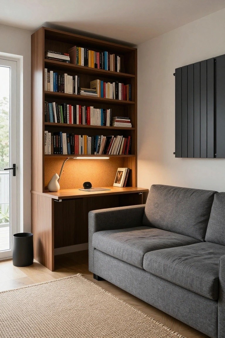 Corner of a room with tall wooden bookshelves around a built-in wooden desk with lamp and vase, gray fabric sofa adjacent, light rug on floor, and glass door nearby.