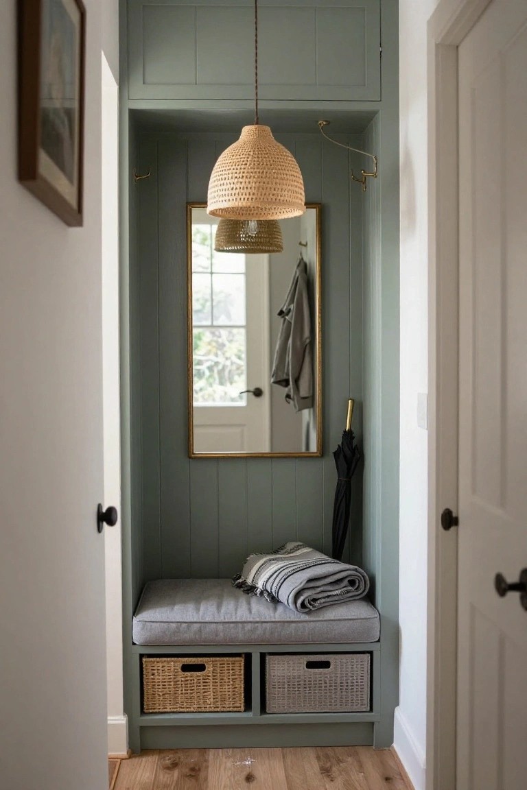 Recessed teal wall niche with cushioned bench seat, two woven storage baskets underneath, gold-framed mirror above, coat hooks, umbrella stand, and pendant light.