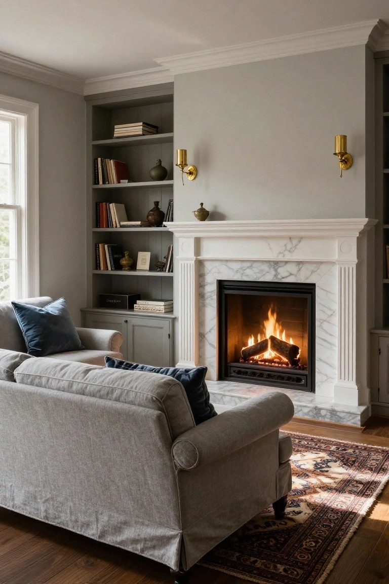 Cozy living room with gray sofa, marble fireplace, built-in bookshelves, and patterned rug.