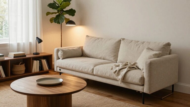 Light beige fabric sofa on wooden legs in a living room with tall wooden bookshelves filled with books, large fiddle leaf fig plant, oval wooden coffee table holding a bowl, black floor lamp with white shade, and beige rug.
